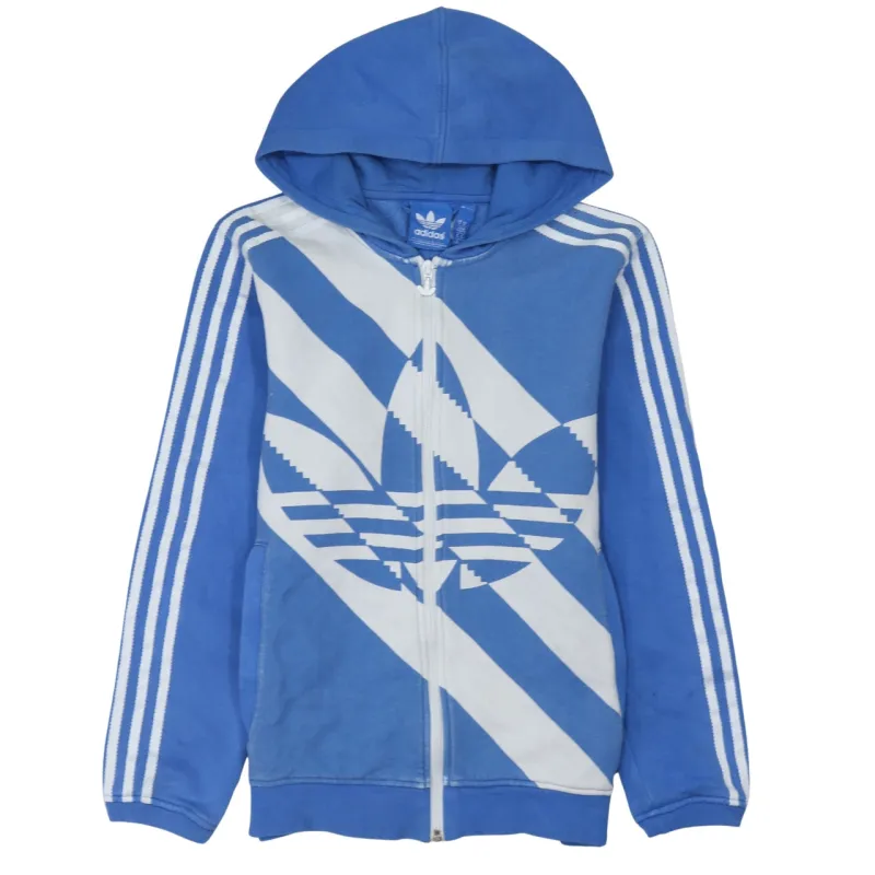 Adidas Blue Full Zip Hoodie Men's XSmall Trefoil Printed Logo Three Stripe Sleeves Sweatshirt sold by Vintage Club