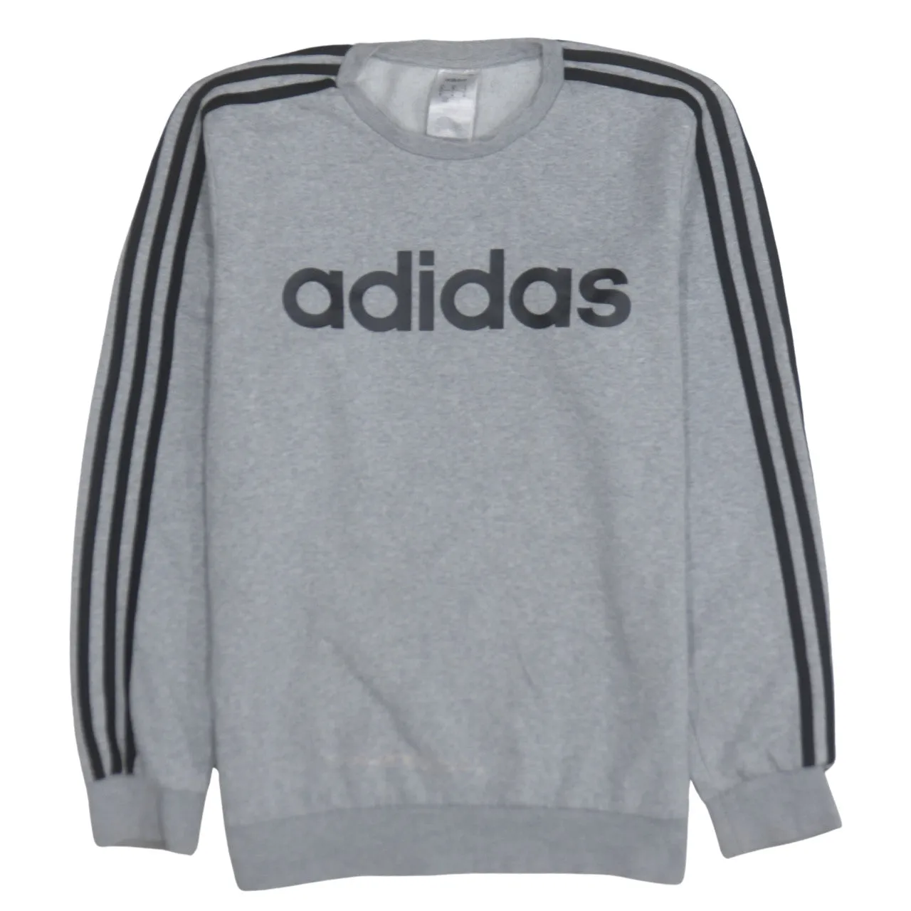 Adidas Grey Sweatshirt Men's Medium Printed Logo Three Stripe Sleeves Pullover Top sold by Vintage Club