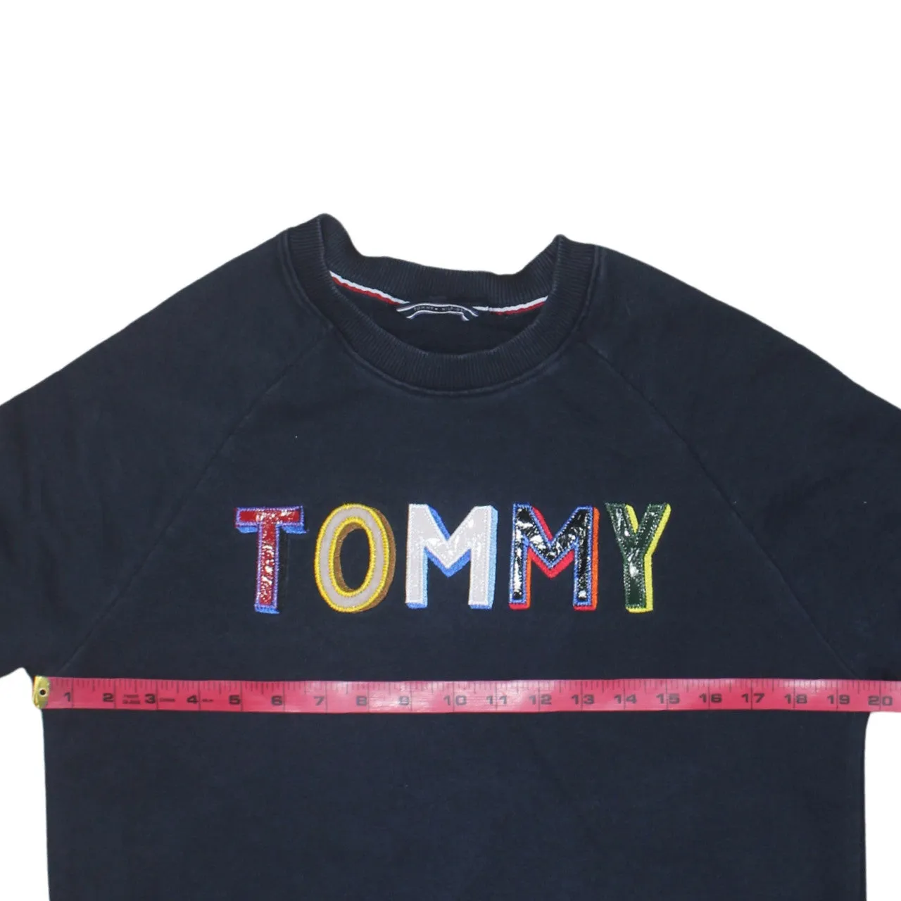 Tommy Hilfiger Navy Blue Sweatshirt Women’s Medium Embroidered TOMMY Logo Crewneck Pullover sold by Vintage Club product image thumbnail 5