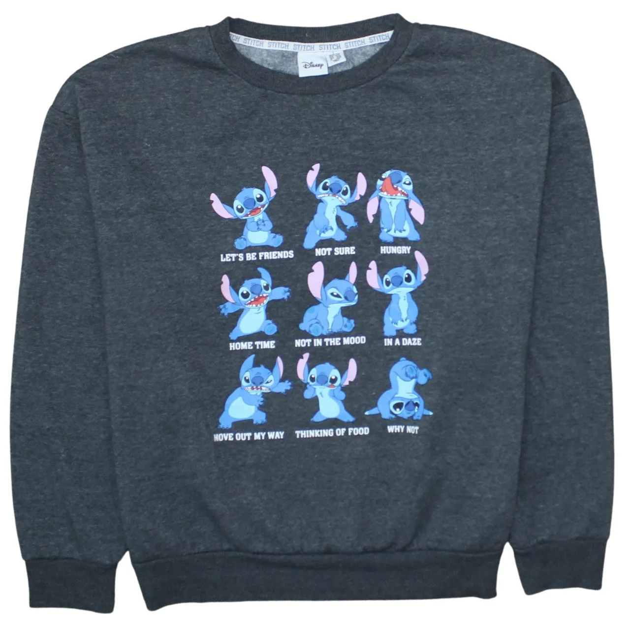 Disney Charcoal Grey Sweatshirt Women’s Large Stitch Printed Graphic Fleece Pullover Top sold by Vintage Club