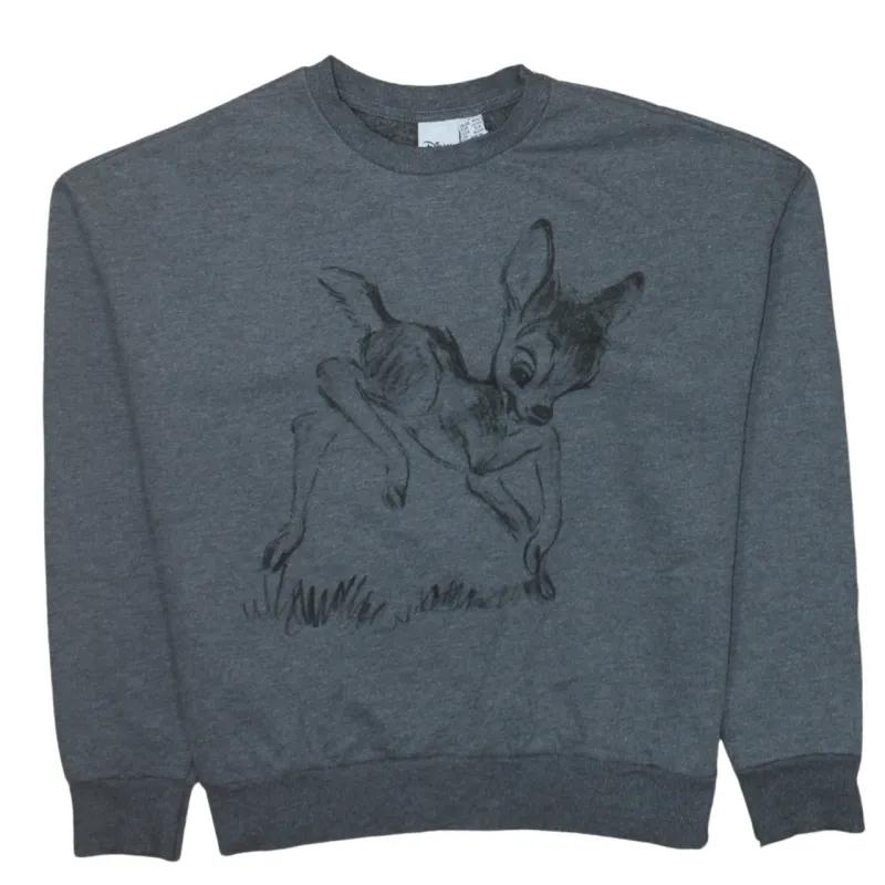 Disney Grey Sweatshirt Women's Small Bambi Printed Graphic Crewneck Pullover Fleece Top made by Primark