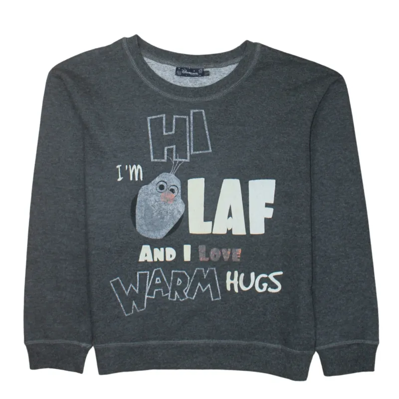 Disney Dark Grey Sweatshirt Women’s Medium Olaf Printed Graphic Warm Hugs Pullover Top sold by Vintage Club