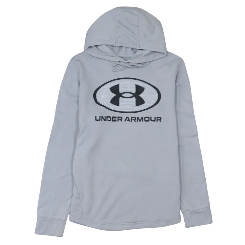 Under Armour Light Grey Hoodie Women’s Medium Printed Logo Drawstring Hood Long Sleeve Top made by Under Armour