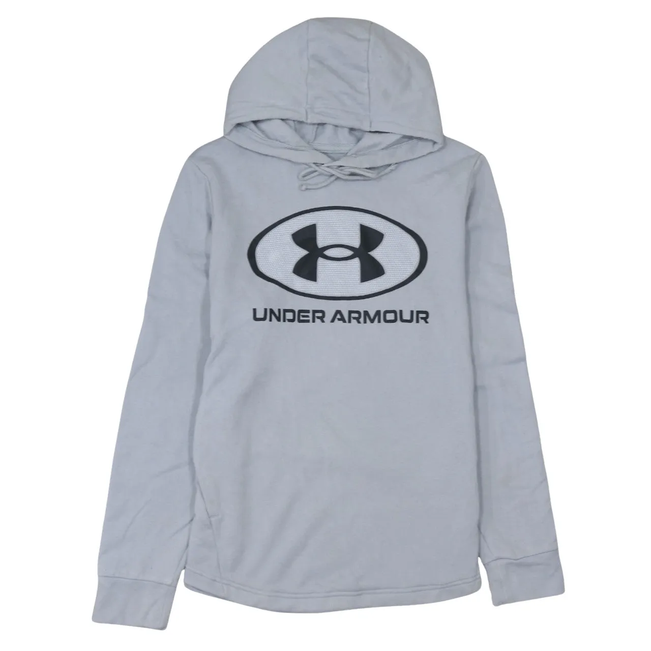 Under Armour Light Grey Hoodie Women’s Medium Printed Logo Drawstring Hood Long Sleeve Top sold by Vintage Club