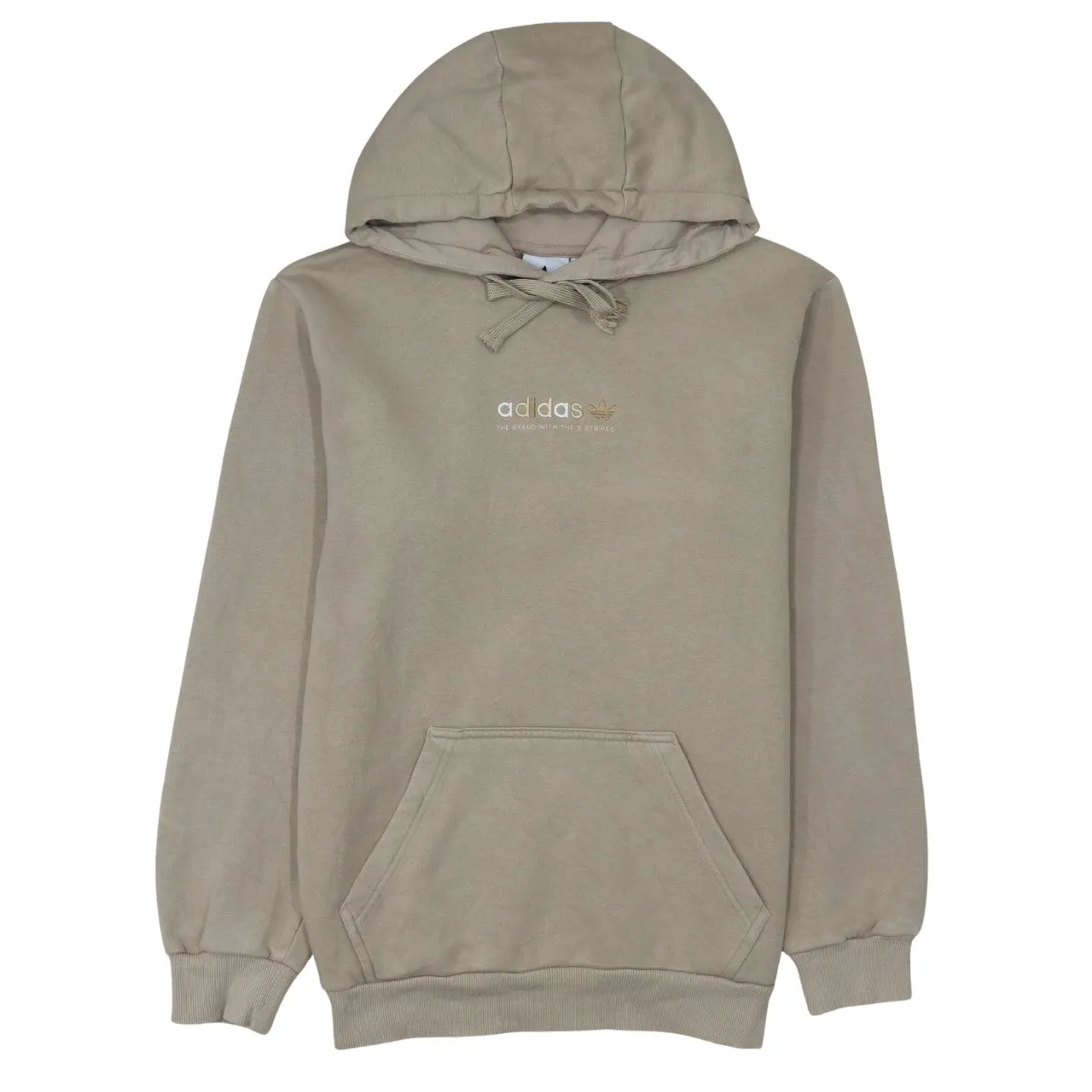 Adidas Beige Cream Hoodie Men's Small Embroidered Chest Logo Front Pocket Pullover Sweatshirt sold by Vintage Club