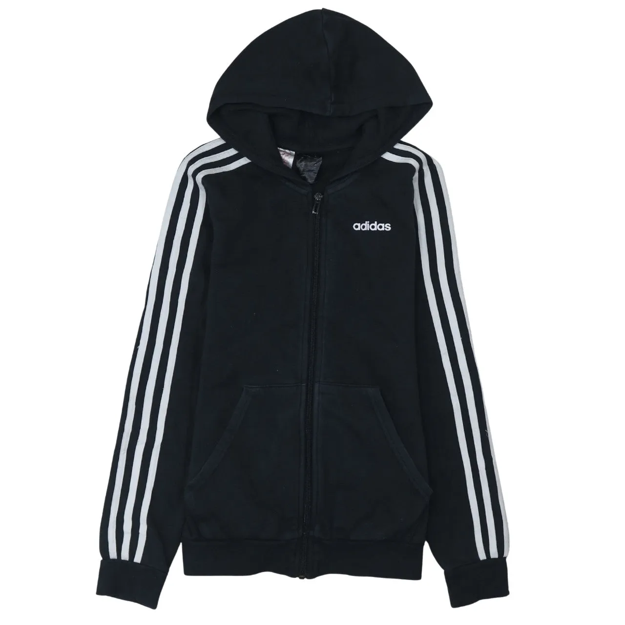 Adidas Black Full Zip Hoodie Women’s Large Embroidered Logo Three Stripe Sleeves Sweatshirt sold by Vintage Club
