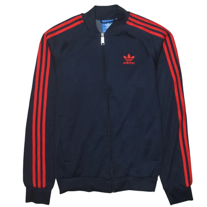 Adidas Navy Blue Track Jacket Men's Small Red Three Stripe Sleeves Embroidered Trefoil Zip Top sold by Vintage Club
