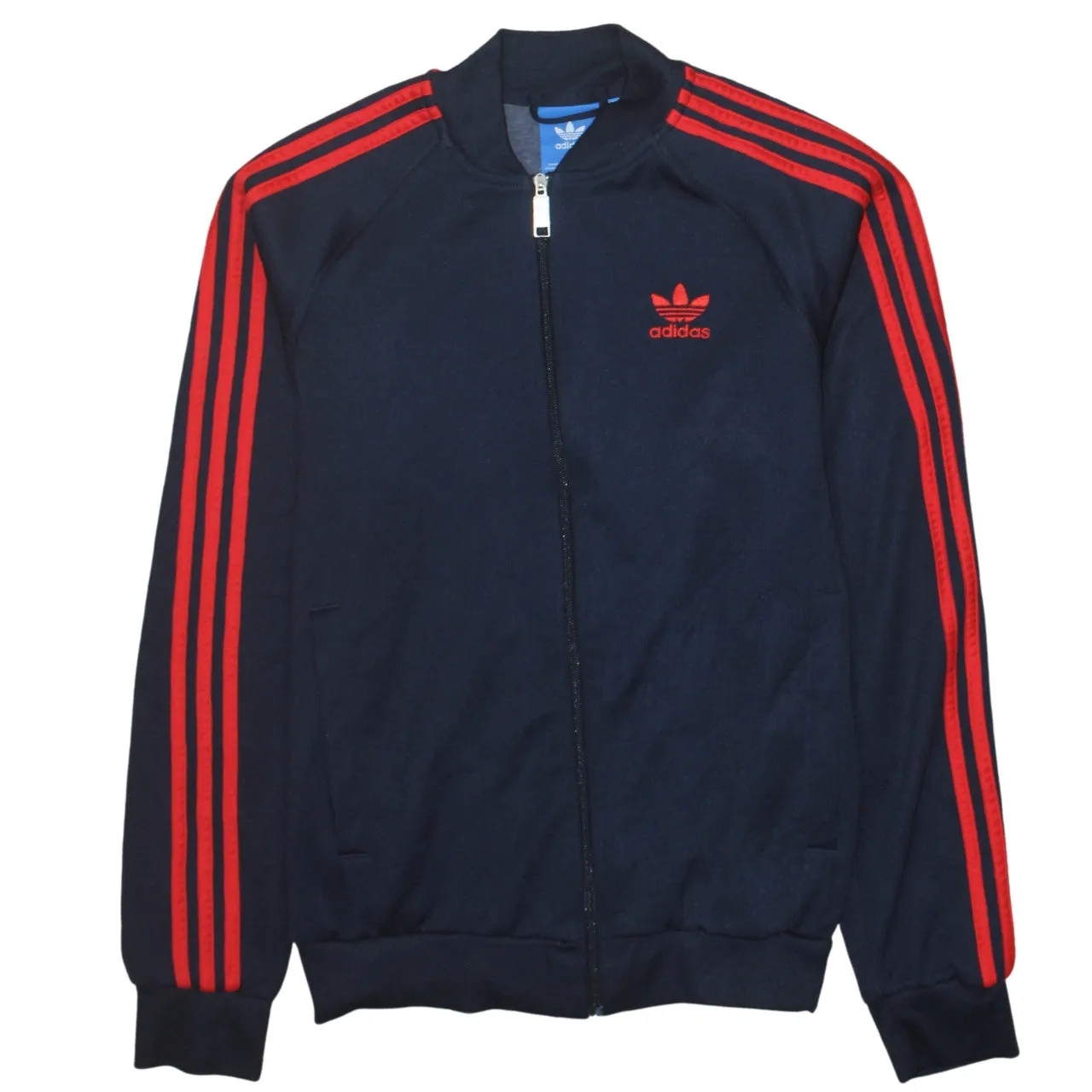 Adidas Navy Blue Track Jacket Men's Small Red Three Stripe Sleeves Embroidered Trefoil Zip Top sold by Vintage Club