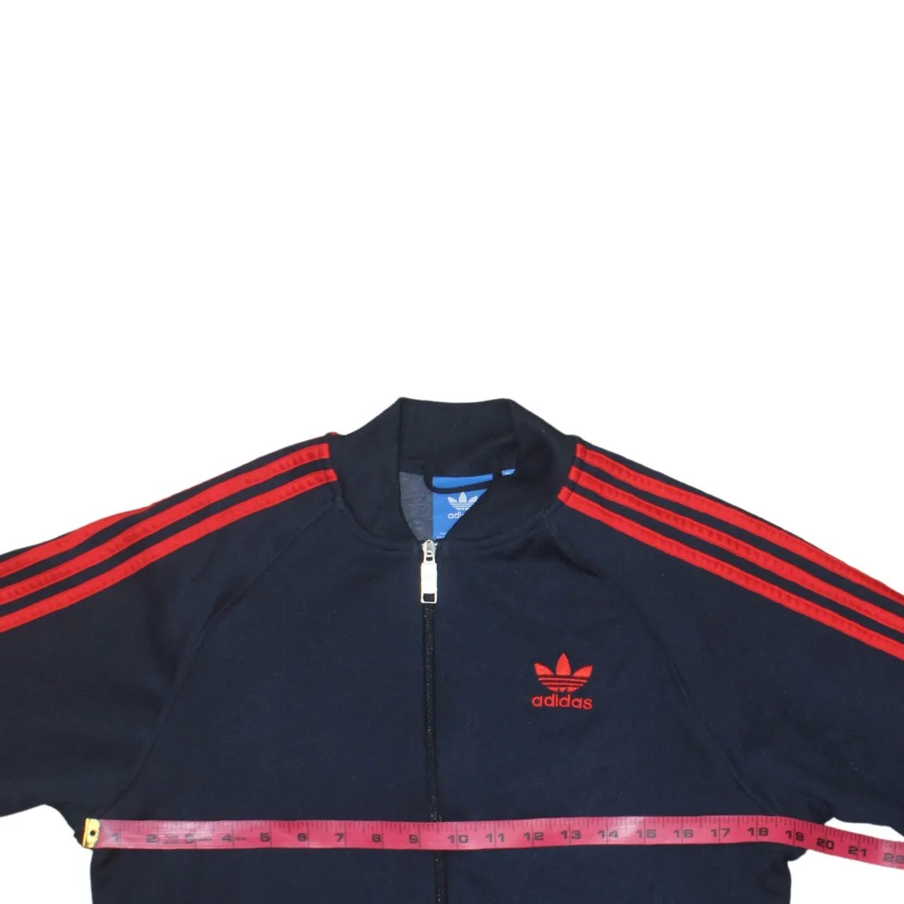Adidas Navy Blue Track Jacket Men's Small Red Three Stripe Sleeves Embroidered Trefoil Zip Top sold by Vintage Club product image thumbnail 5