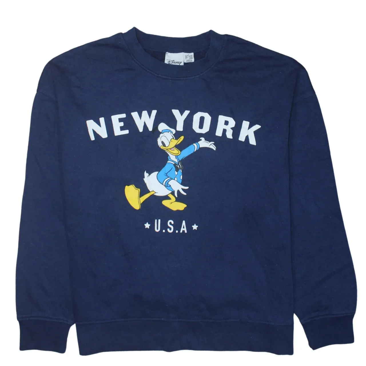 Disney Navy Blue Sweatshirt Women's Medium Donald Duck New York Printed Graphic Pullover Top sold by Vintage Club