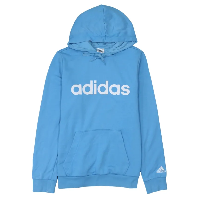 Adidas Sky Blue Hoodie Women's Medium Printed Logo Front Pocket Pullover Sweatshirt made by Adidas