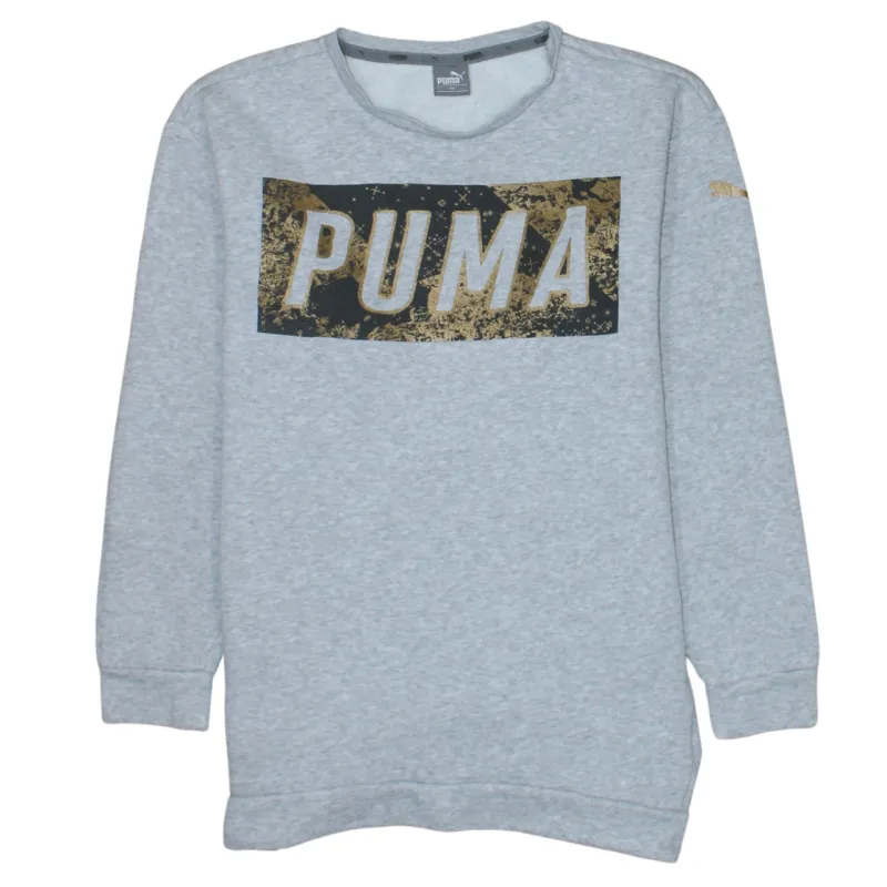 Puma Grey Sweatshirt Men's Small Printed Gold Logo Crewneck Pullover Fleece Top made by Puma