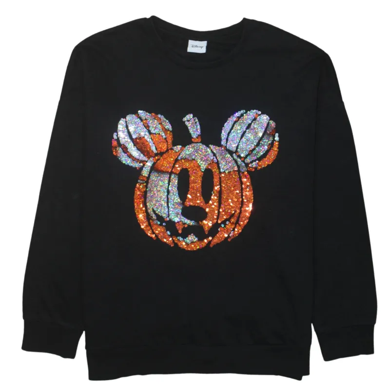 Disney Black Sweatshirt Women’s Large Sequin Mickey Pumpkin Graphic Crewneck Pullover Top sold by Vintage Club