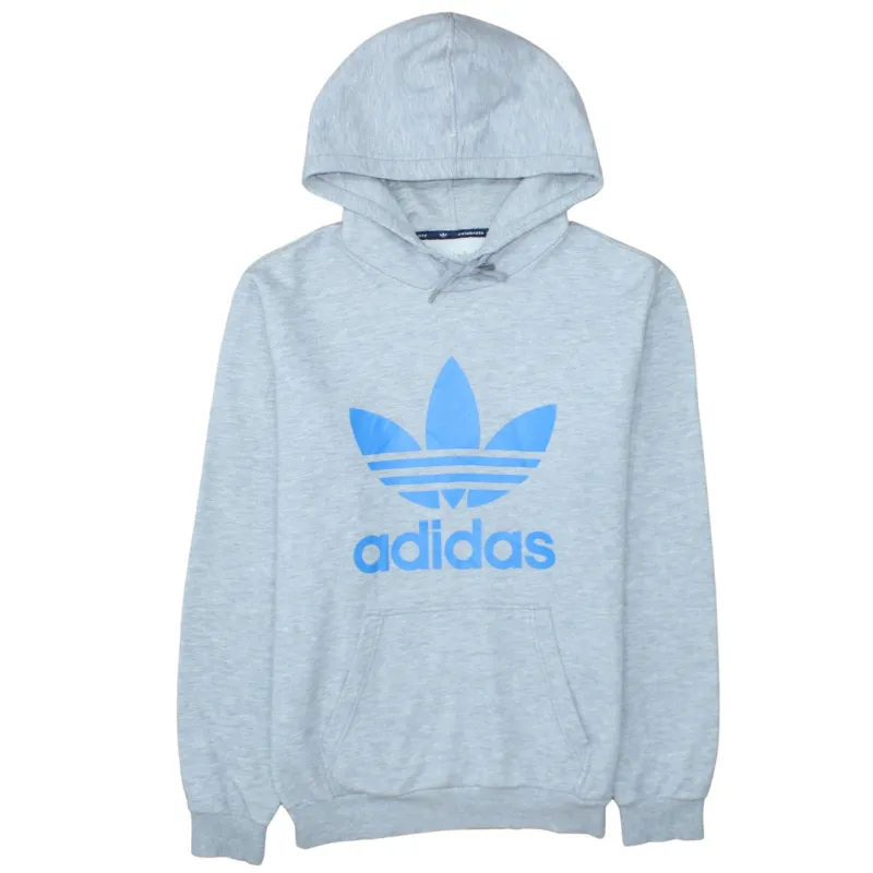 Adidas Light Grey Hoodie Men's Medium Blue Trefoil Printed Logo Front Pocket Sweatshirt made by Adidas