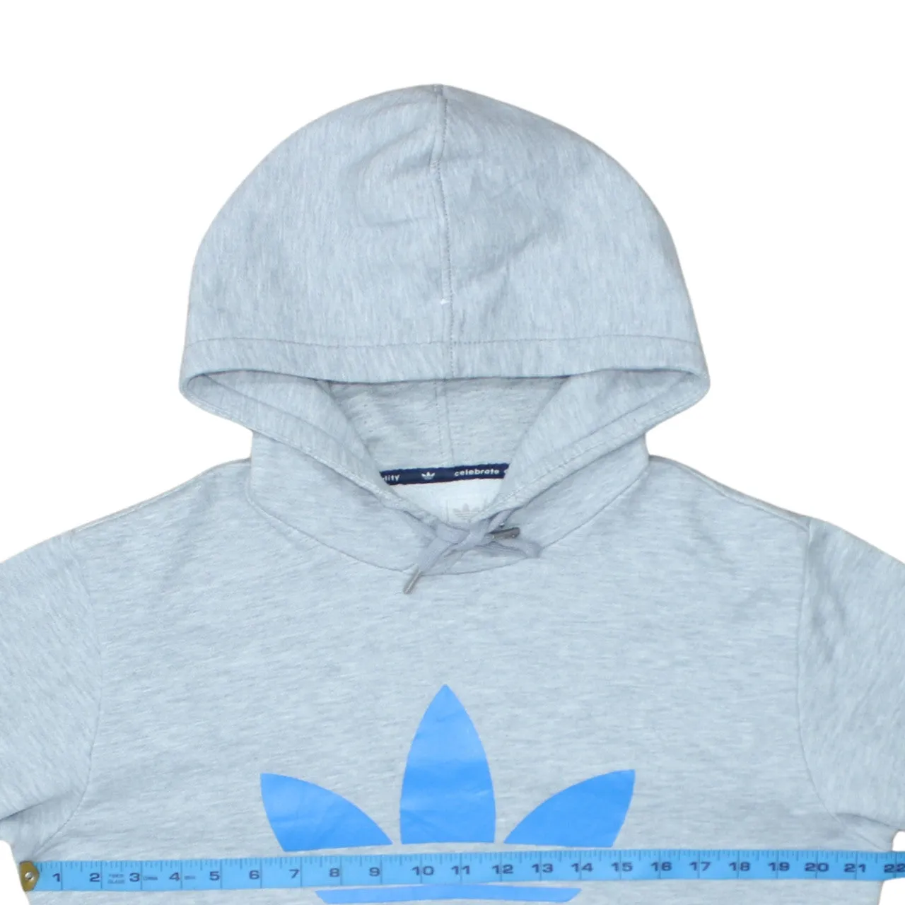Adidas Light Grey Hoodie Men's Medium Blue Trefoil Printed Logo Front Pocket Sweatshirt sold by Vintage Club product image thumbnail 5