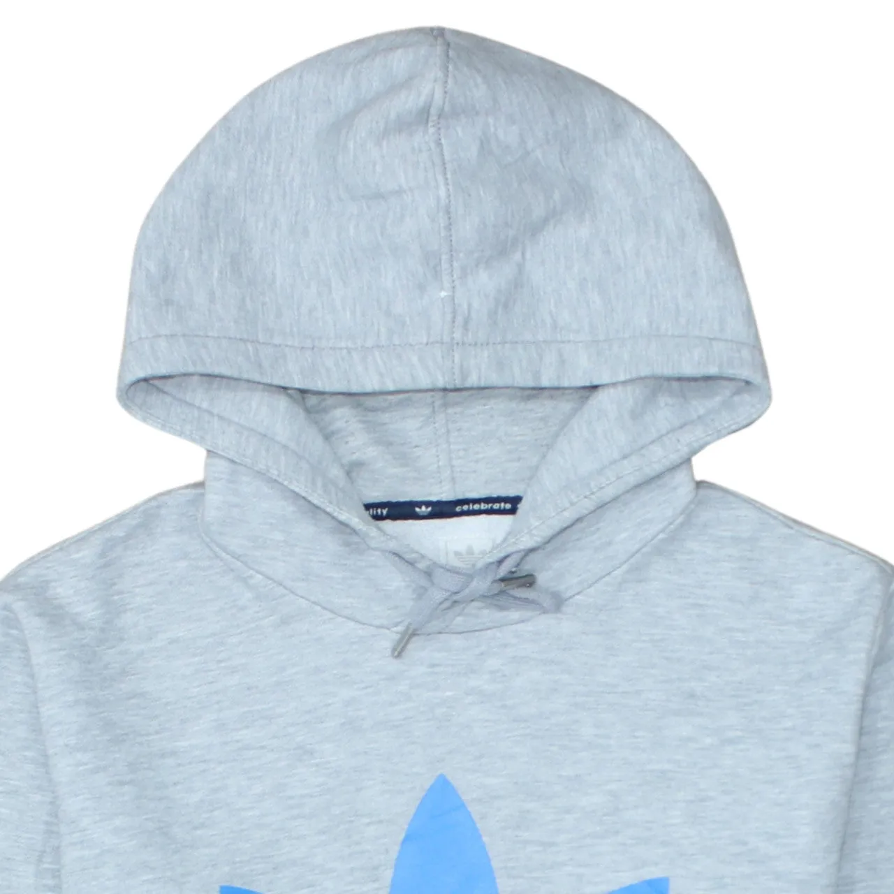 Adidas Light Grey Hoodie Men's Medium Blue Trefoil Printed Logo Front Pocket Sweatshirt sold by Vintage Club product image thumbnail 3