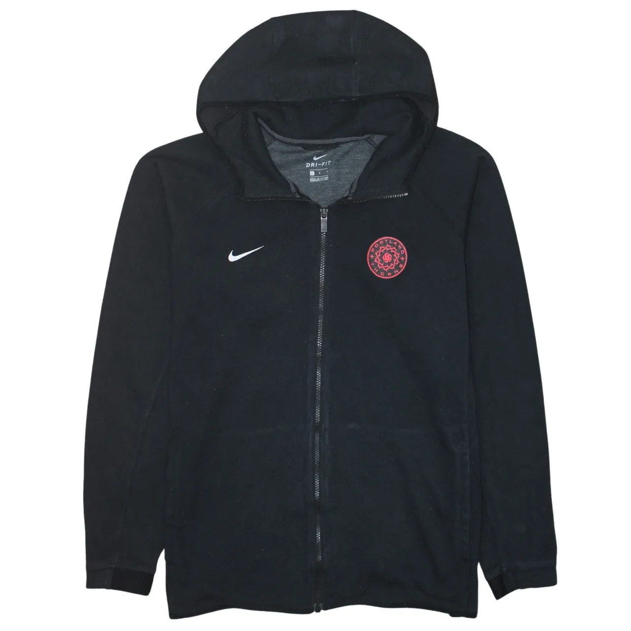 Nike Black Full Zip Hoodie Women’s Large Embroidered Swoosh Red Crest Logo Fleece Top sold by Vintage Club