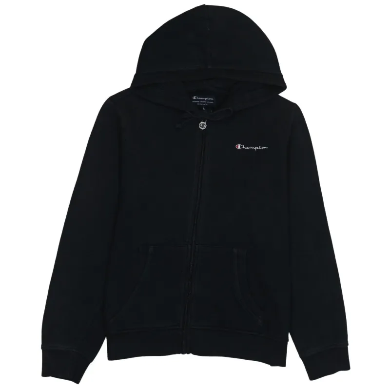 Champion Black Zip Hoodie Women’s Large Embroidered Chest Logo Split Pockets Fleece Top sold by Vintage Club