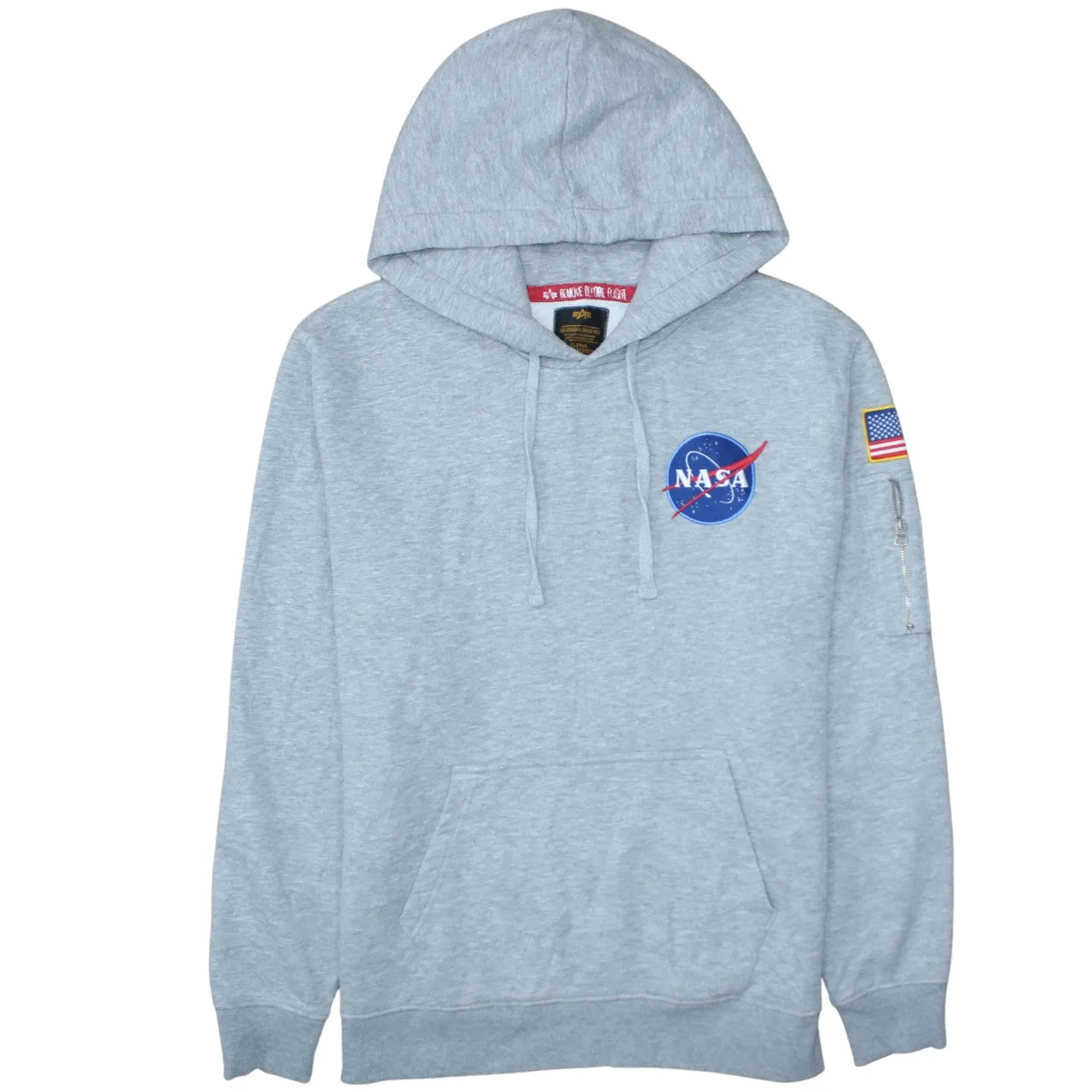 Alpha Industries Light Grey Hoodie Women’s XLarge NASA Logo Sleeve Zip Pocket Sweatshirt sold by Vintage Club