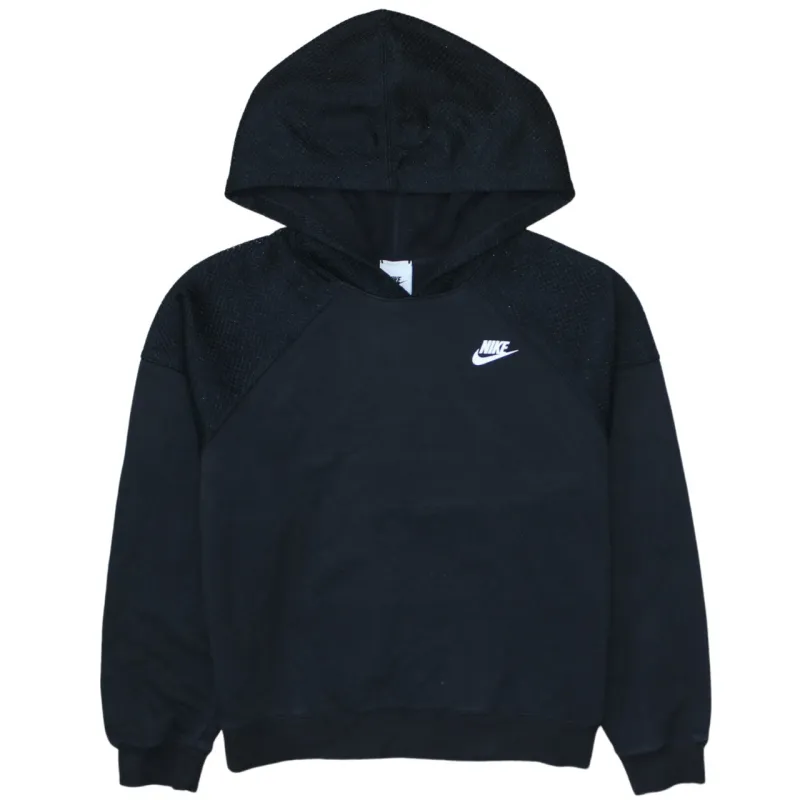 Nike Black Hoodie Women’s Medium Embroidered Swoosh Textured Shoulder Panels Pullover Sweatshirt sold by Vintage Club