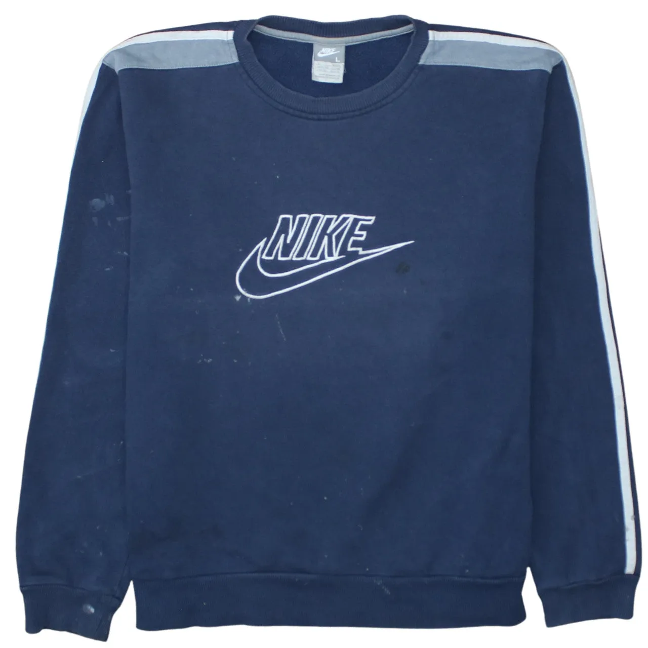 Nike Navy Blue Sweatshirt Men’s Large Printed Logo Stripe Sleeves Crewneck Pullover sold by Vintage Club