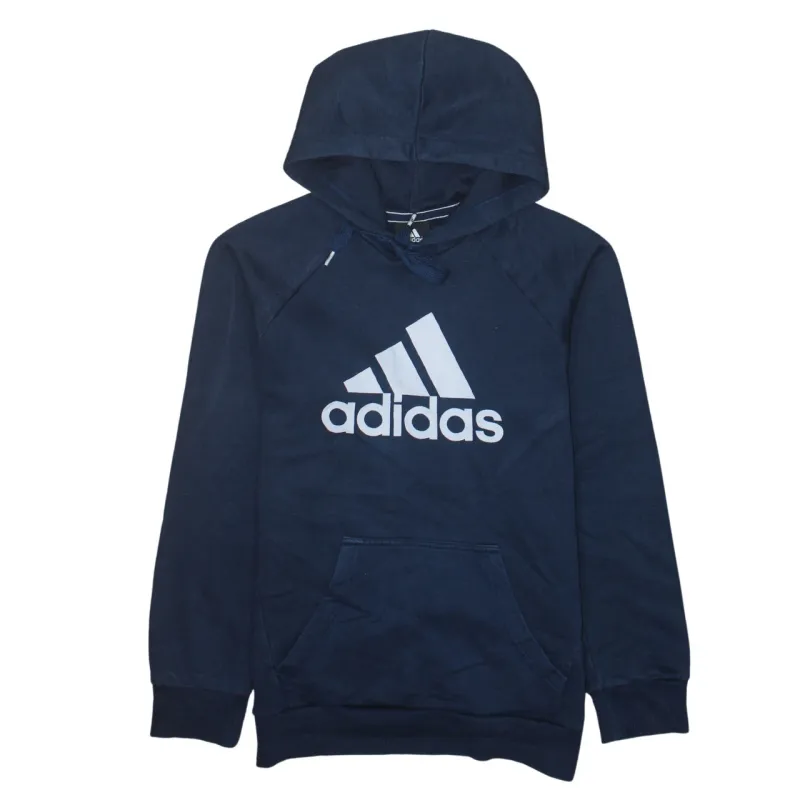 Adidas Navy Blue Hoodie Women’s Small Printed Logo Front Pouch Fleece Pullover Sweatshirt sold by Vintage Club