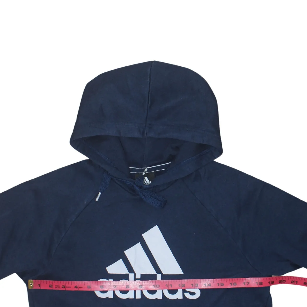 Adidas Navy Blue Hoodie Women’s Small Printed Logo Front Pouch Fleece Pullover Sweatshirt sold by Vintage Club product image thumbnail 5