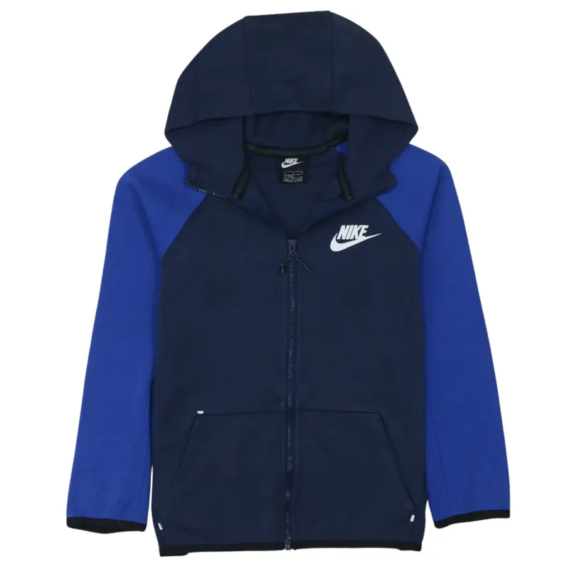 Nike Navy Blue Full Zip Hoodie Women’s Large Printed Swoosh Logo Split Kangaroo Pockets Sweatshirt made by Nike