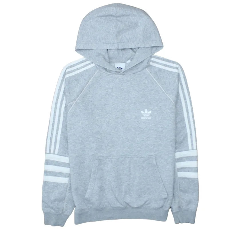 Adidas Light Grey Hoodie Men's Small Trefoil Printed Logo Three Stripe Sleeve Pullover Sweatshirt sold by Vintage Club