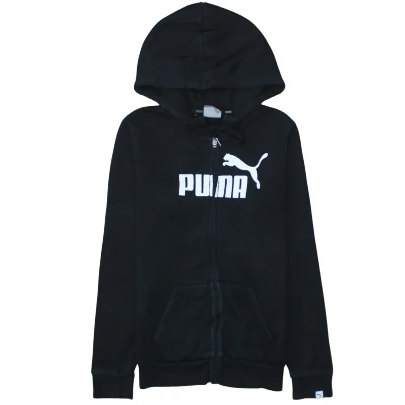 Puma Black Zip Hoodie Women’s XSmall Printed Logo Split Pocket Hooded Sweatshirt sold by Vintage Club