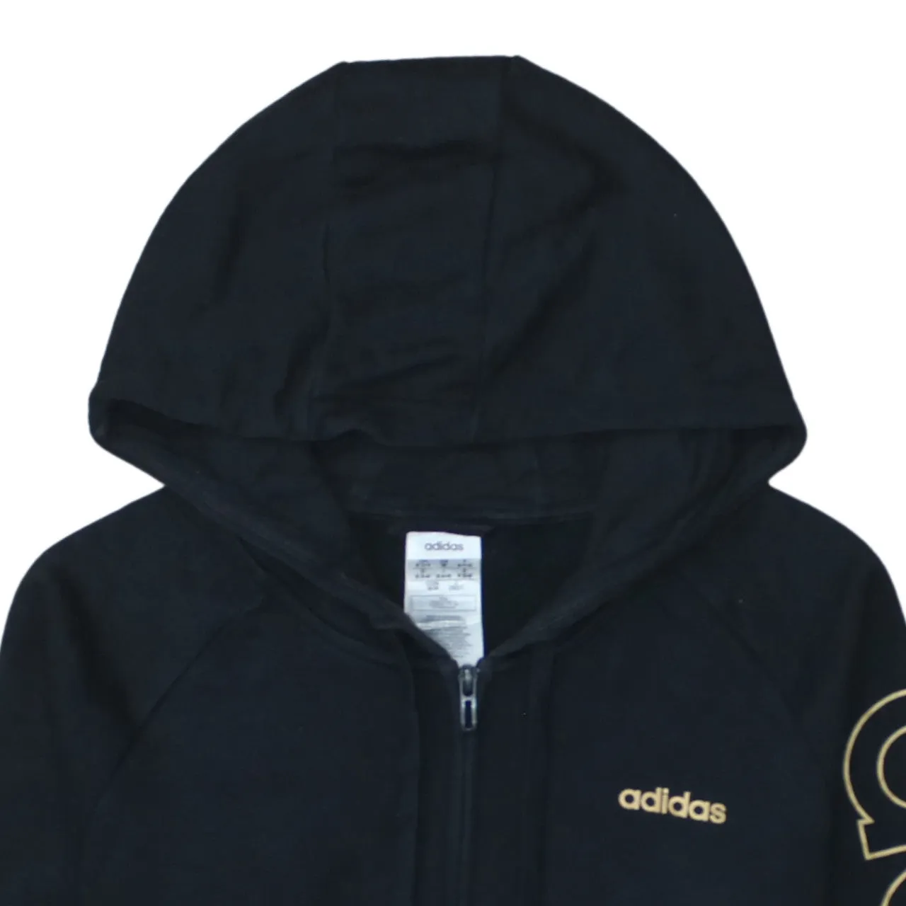 Adidas Black Full Zip Hoodie Women’s Medium Gold Printed Logo Sleeve Graphic Sweatshirt sold by Vintage Club product image thumbnail 3