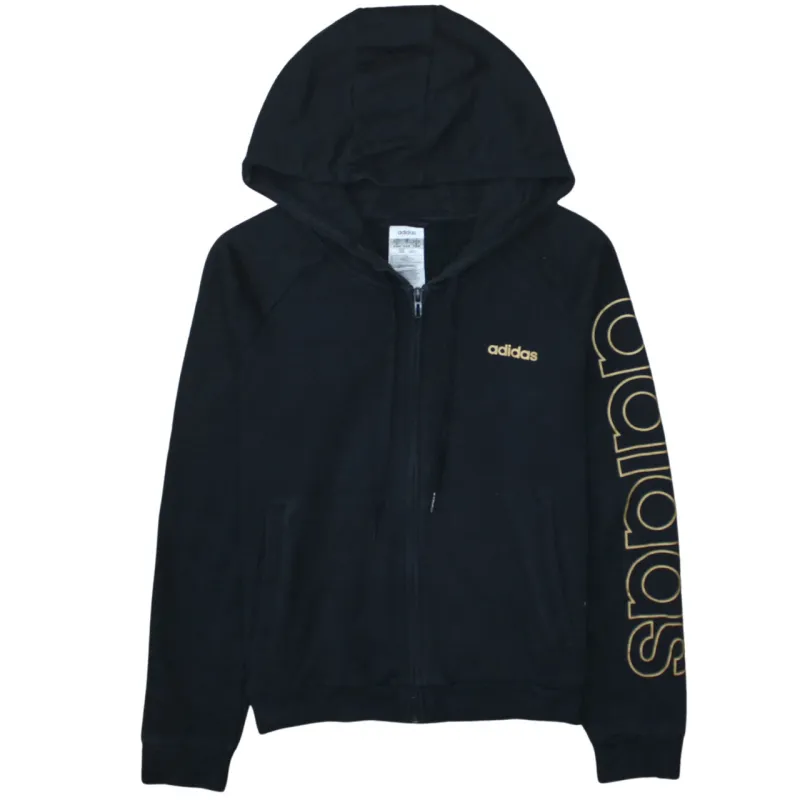 Adidas Black Full Zip Hoodie Women’s Medium Gold Printed Logo Sleeve Graphic Sweatshirt made by Adidas