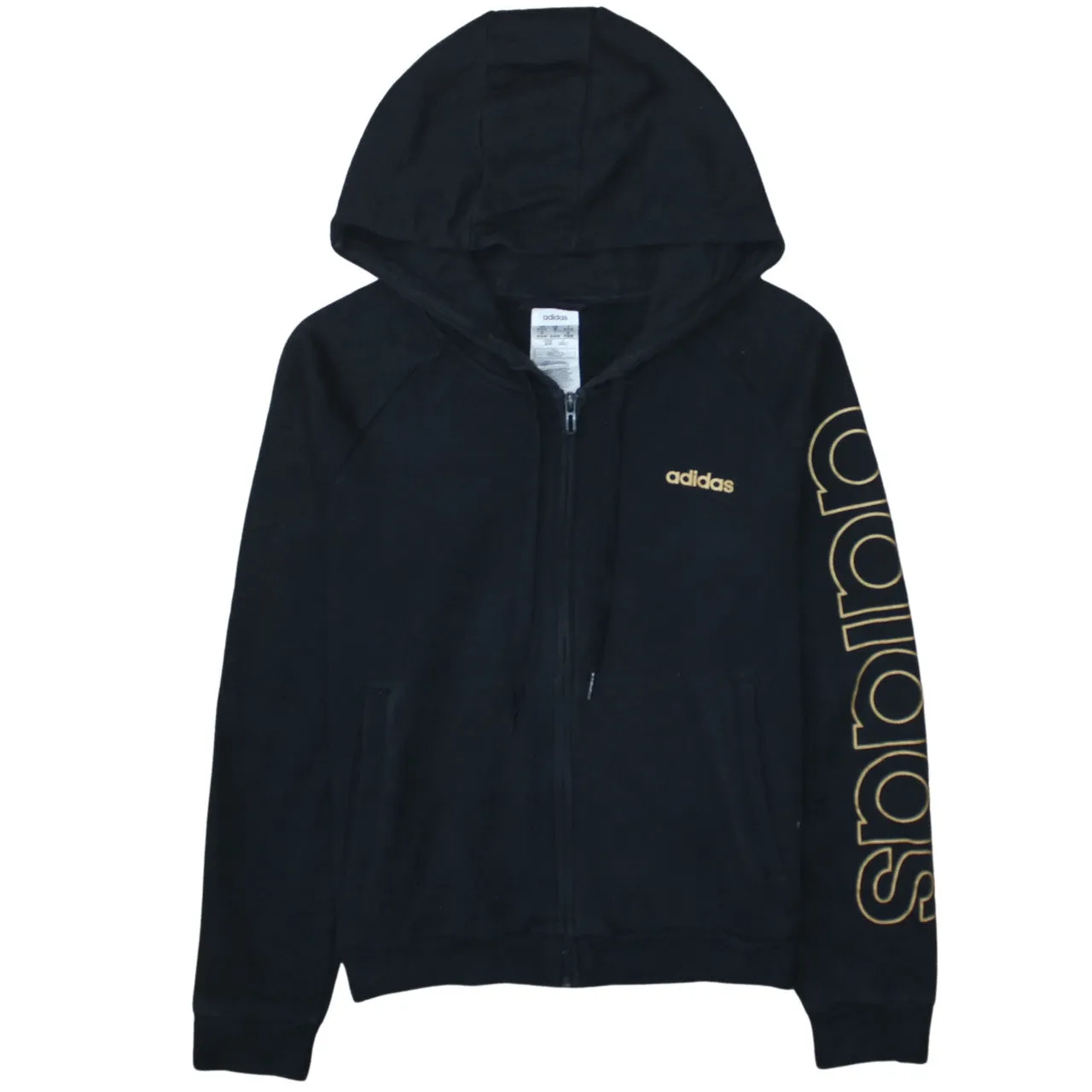 Adidas Black Full Zip Hoodie Women’s Medium Gold Printed Logo Sleeve Graphic Sweatshirt sold by Vintage Club