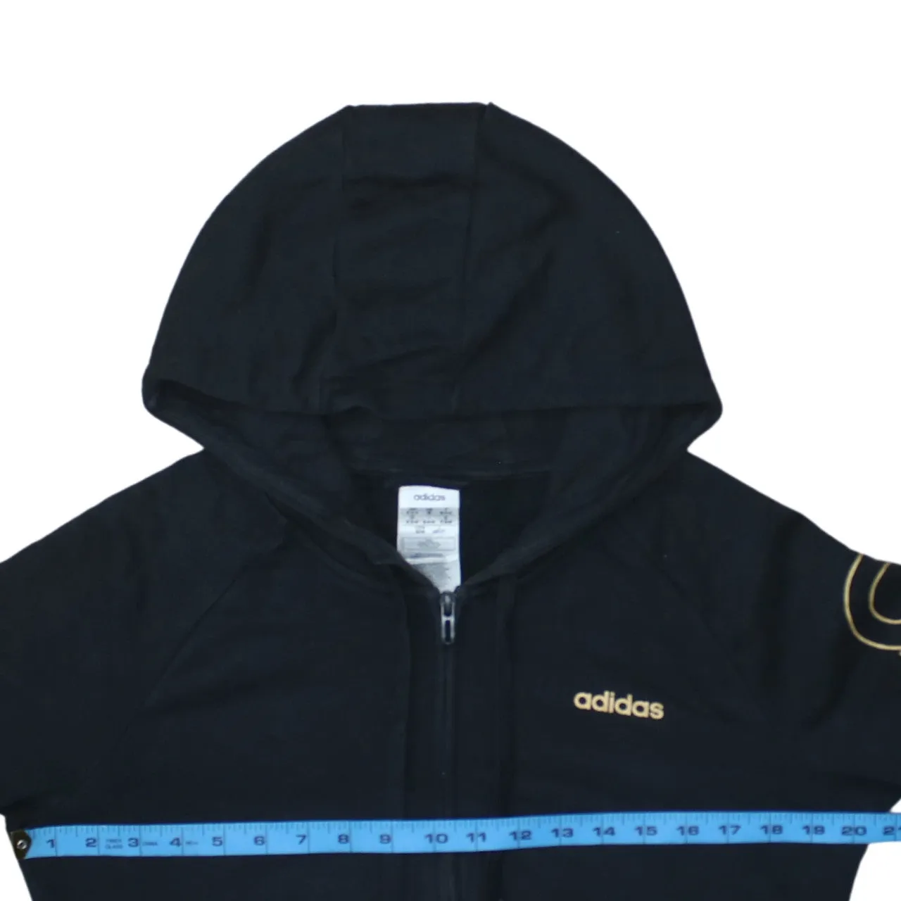 Adidas Black Full Zip Hoodie Women’s Medium Gold Printed Logo Sleeve Graphic Sweatshirt sold by Vintage Club product image thumbnail 5