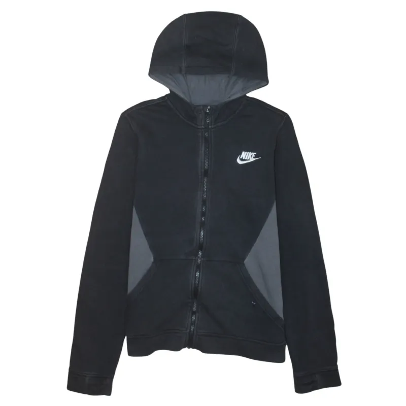 Nike Black Full Zip Hoodie Women’s XLarge Printed Swoosh Logo Split Panel Pockets Sweatshirt sold by Vintage Club