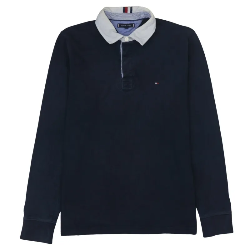 Tommy Hilfiger Navy Long Sleeve Polo Shirt Women’s XLarge Contrast Collar Embroidered Flag Rugby Top sold by Vintage Club