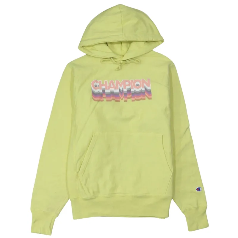 Champion Pastel Yellow Hoodie Men's Small Printed Rainbow Logo Pullover Sweatshirt sold by Vintage Club