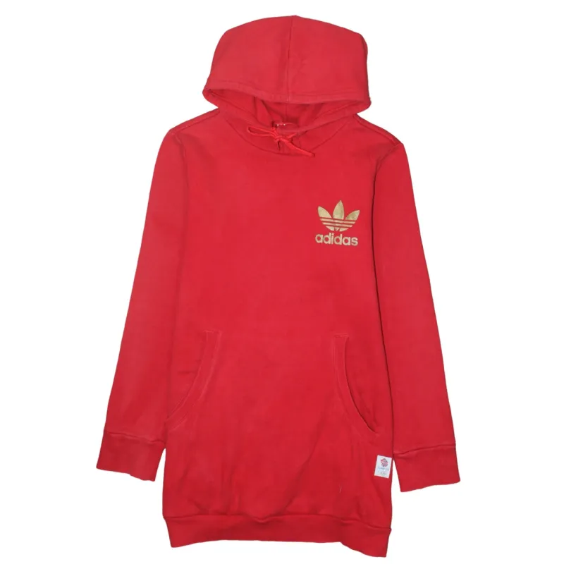 Adidas Red Hoodie Women’s Medium Gold Trefoil Logo Front Script Back Longline Pullover sold by Vintage Club