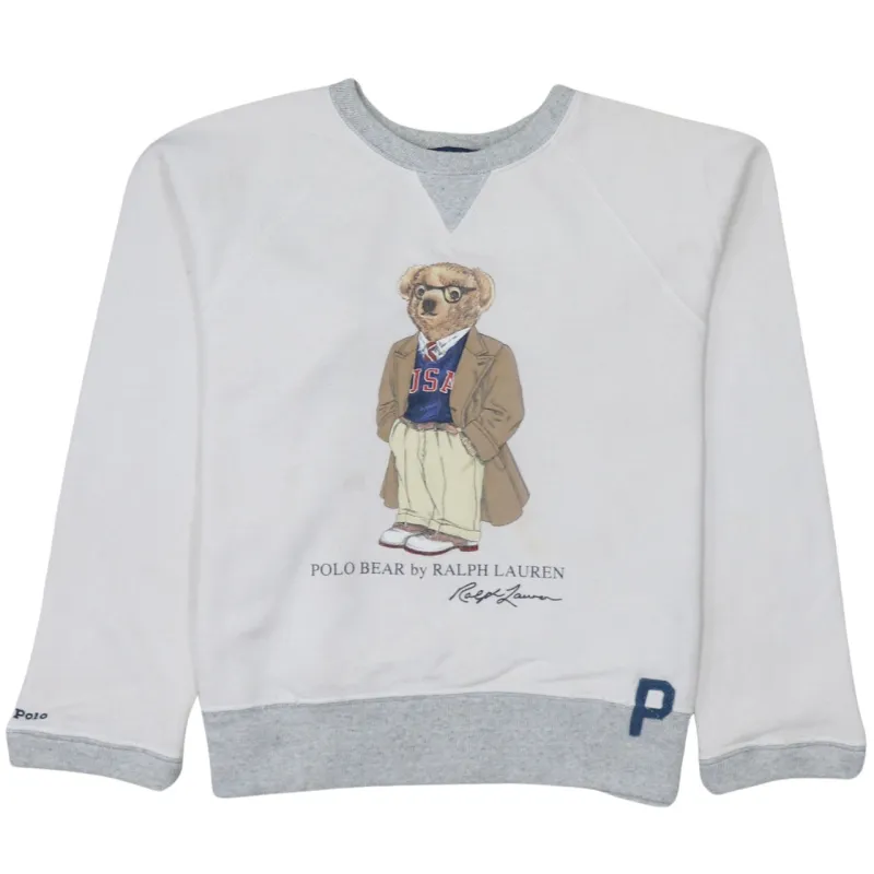Polo Ralph Lauren White Sweatshirt Men's XSmall Polo Bear Printed Front Grey Trim Pullover sold by Vintage Club