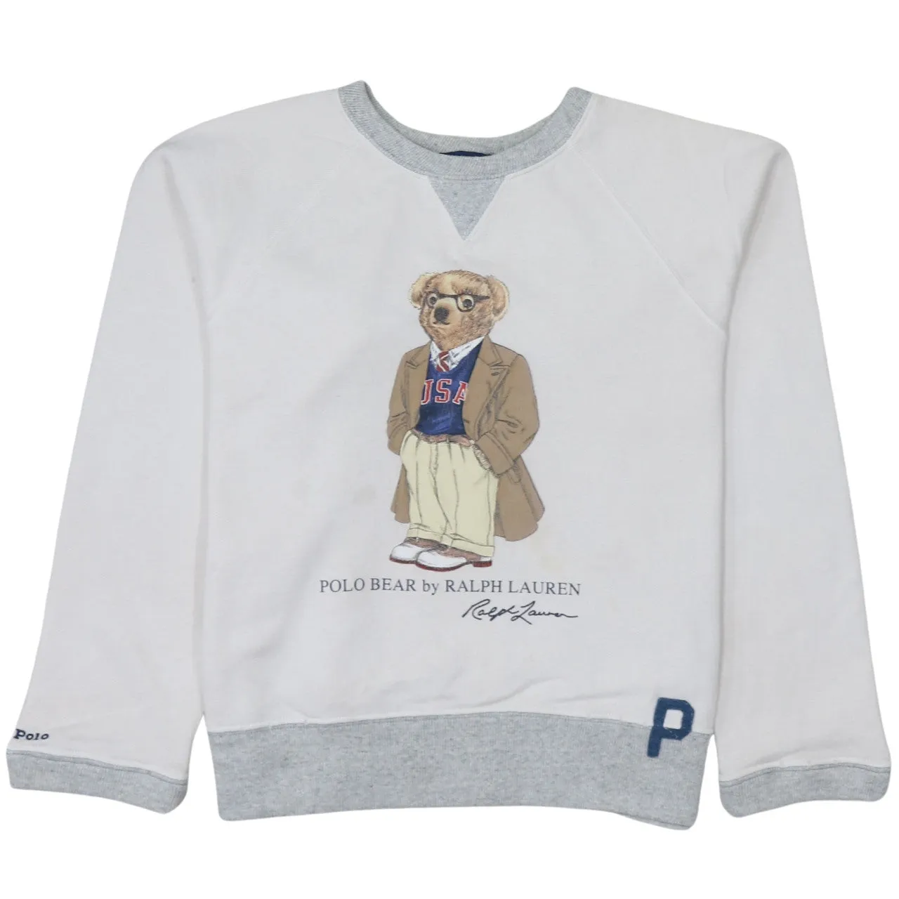 Polo Ralph Lauren White Sweatshirt Men's XSmall Polo Bear Printed Front Grey Trim Pullover sold by Vintage Club