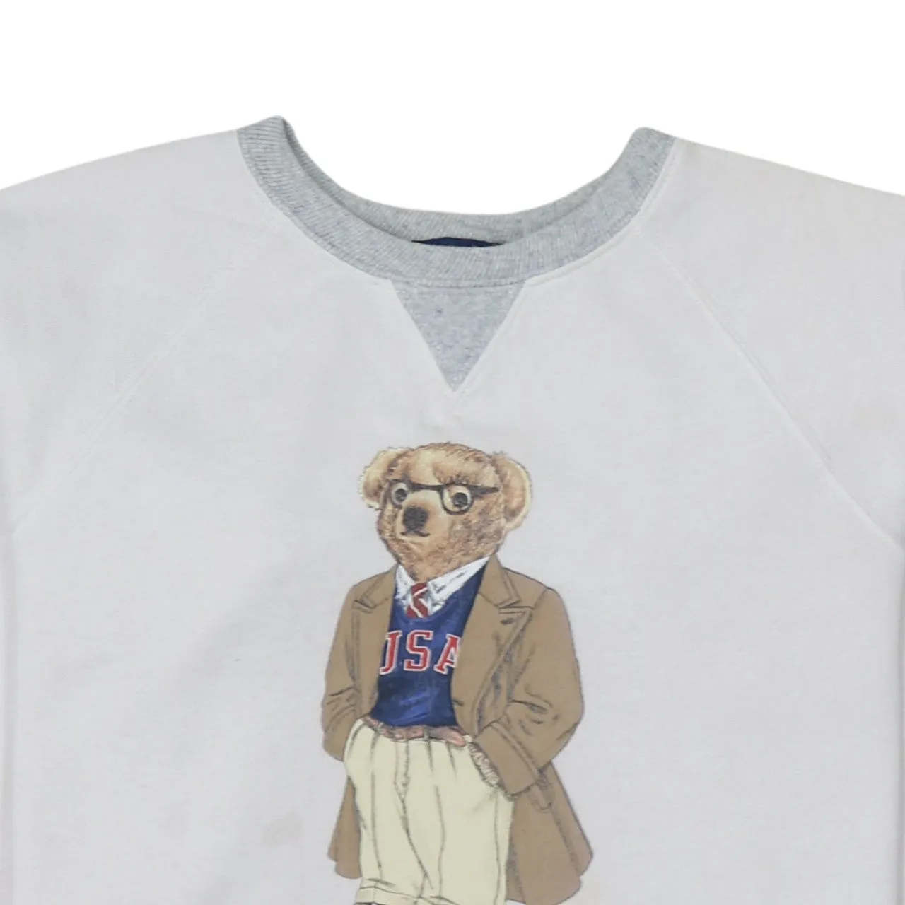 Polo Ralph Lauren White Sweatshirt Men's XSmall Polo Bear Printed Front Grey Trim Pullover sold by Vintage Club product image thumbnail 3