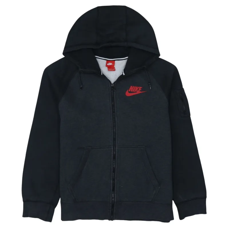 Nike Black Grey Full Zip Hoodie Women's Large Printed Red Logo Sleeve Pocket Sweatshirt sold by Vintage Club