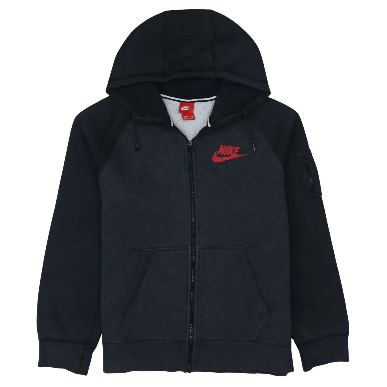 Nike Black Grey Full Zip Hoodie Women's Large Printed Red Logo Sleeve Pocket Sweatshirt sold by Vintage Club