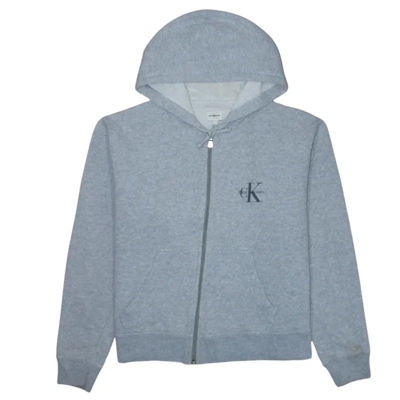 Calvin Klein Grey Zip Hoodie Women’s Large Small Chest Logo Split Pocket Sweatshirt sold by Vintage Club