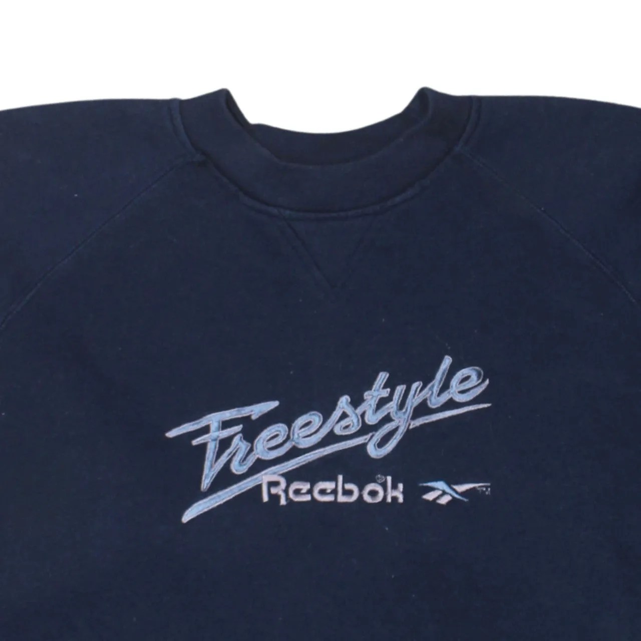 Reebok Navy Blue Sweatshirt Women’s XXLarge Embroidered Freestyle Logo Ribbed Crewneck Pullover Top sold by Vintage Club product image thumbnail 3