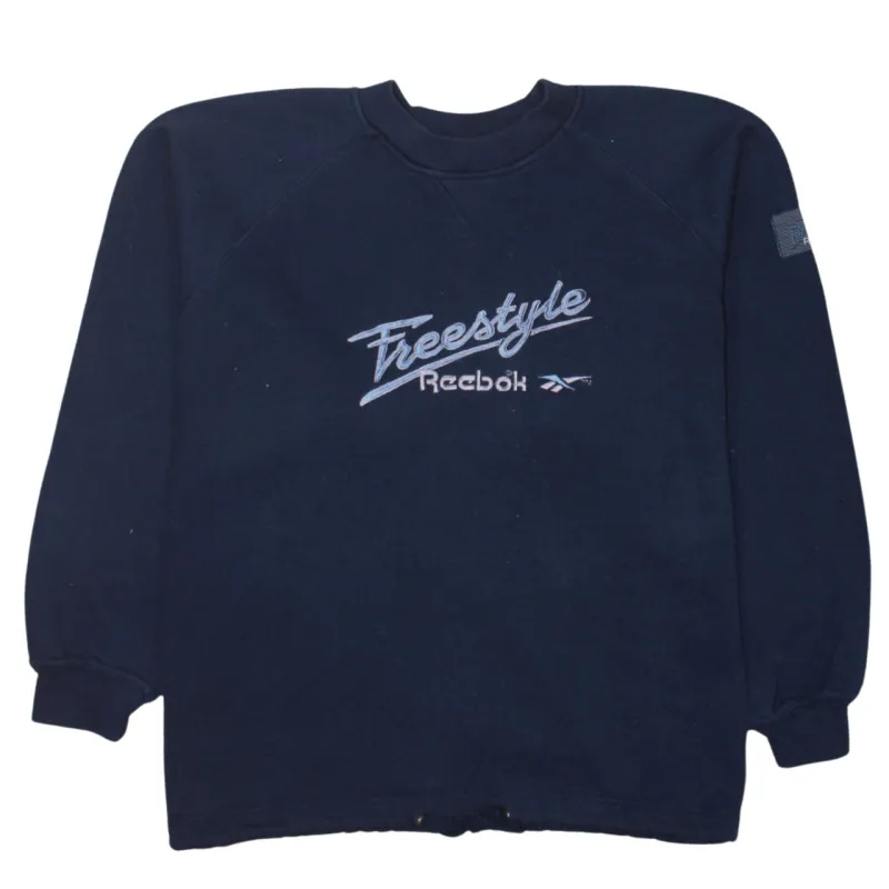 Reebok Navy Blue Sweatshirt Women’s XXLarge Embroidered Freestyle Logo Ribbed Crewneck Pullover Top made by Reebok