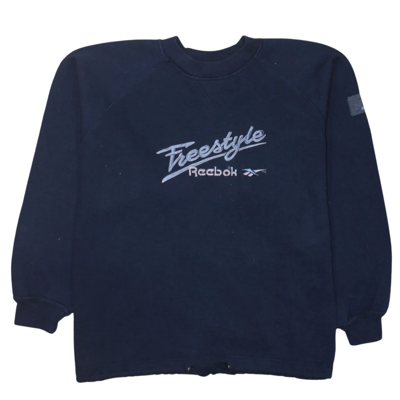 Reebok Navy Blue Sweatshirt Women’s XXLarge Embroidered Freestyle Logo Ribbed Crewneck Pullover Top sold by Vintage Club