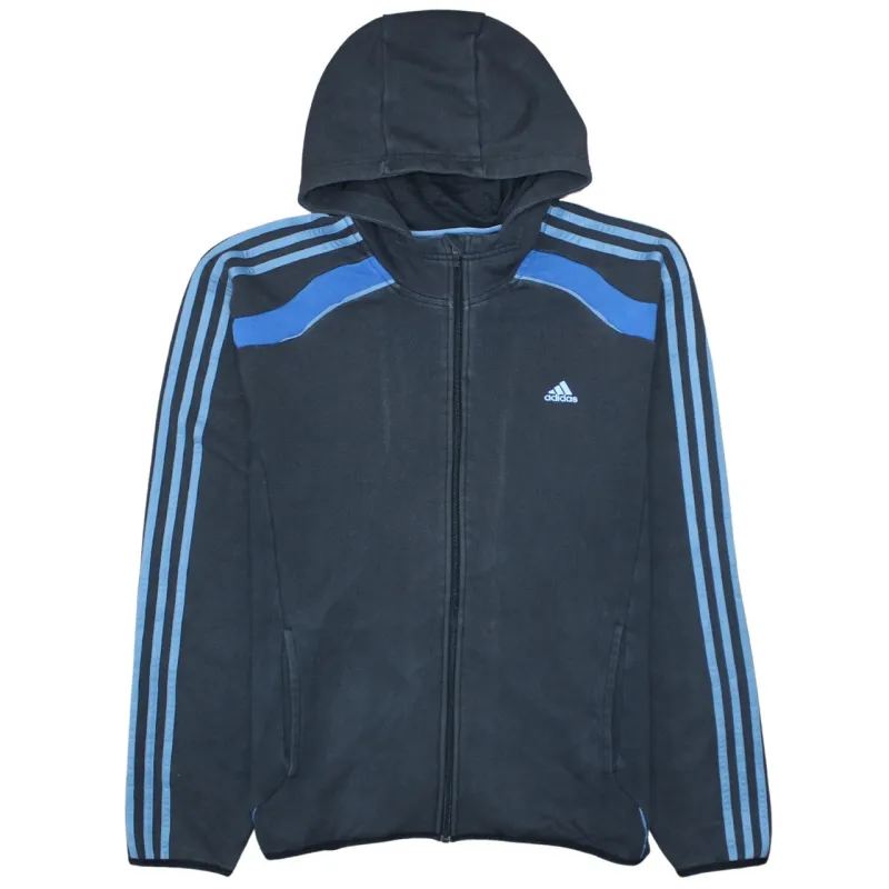 Adidas Black Full Zip Hoodie Men’s XLarge Blue Three Stripe Sleeves Embroidered Logo Sweatshirt sold by Vintage Club