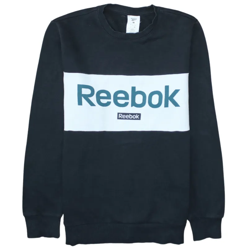 Reebok Black Crewneck Sweatshirt Women's Medium Printed Logo Panel Pullover Fleece Top sold by Vintage Club
