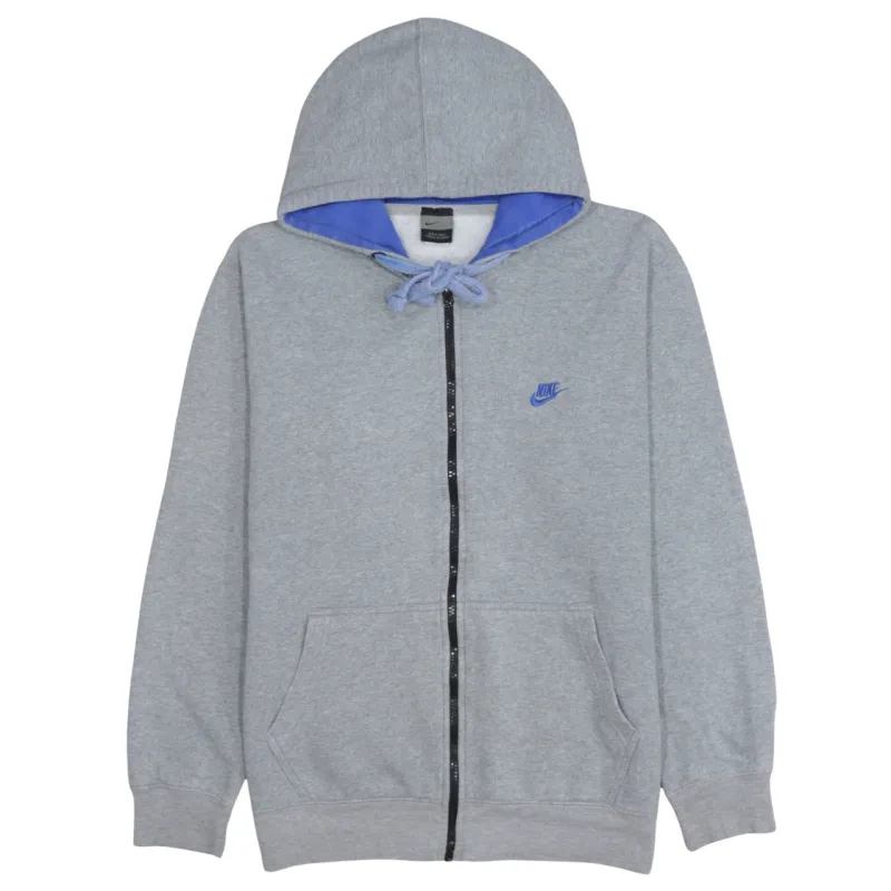 Nike Grey Full Zip Hoodie Women’s Large Blue Lined Hood Embroidered Swoosh Sweatshirt sold by Vintage Club